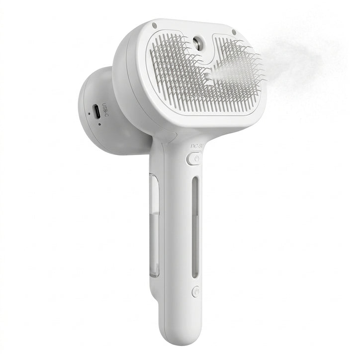 White self-cleaning pet grooming brush with built-in water tank