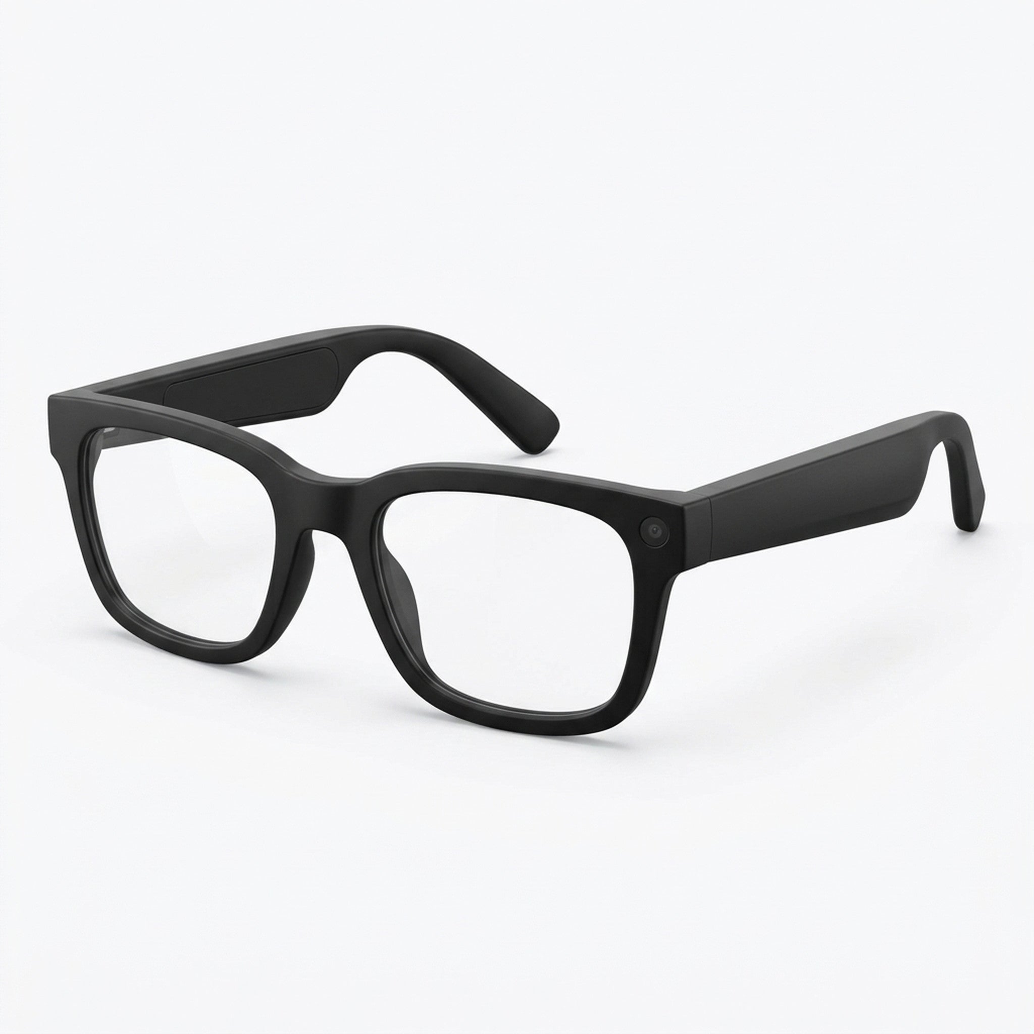 Matte black smart glasses with a camera built into the rim