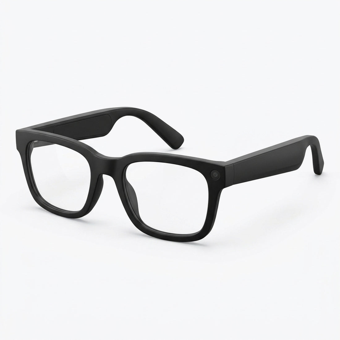 Matte black smart glasses with a camera built into the rim