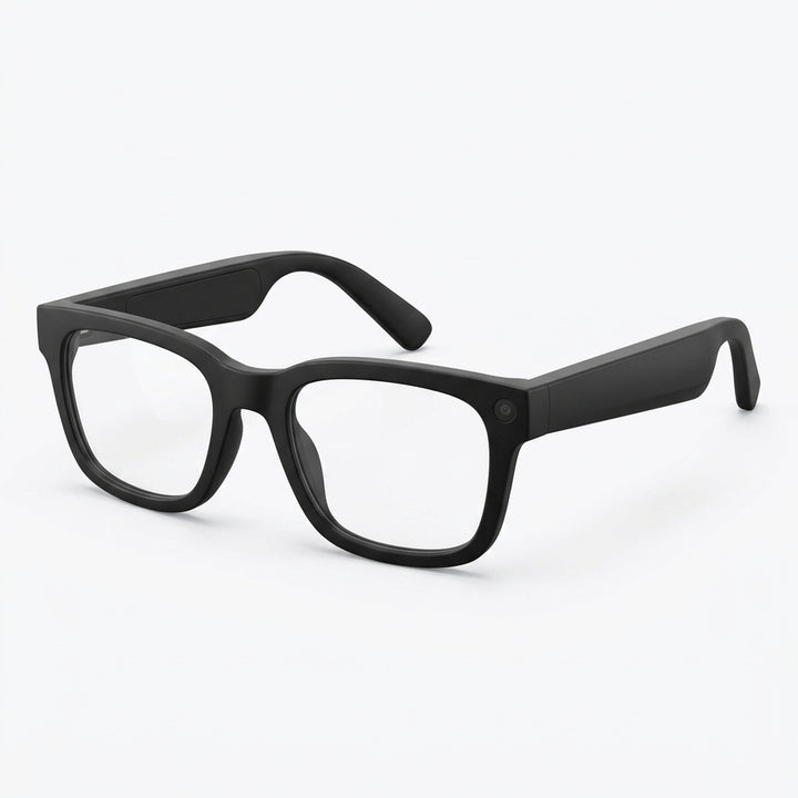 Matte black smart glasses with a camera built into the rim