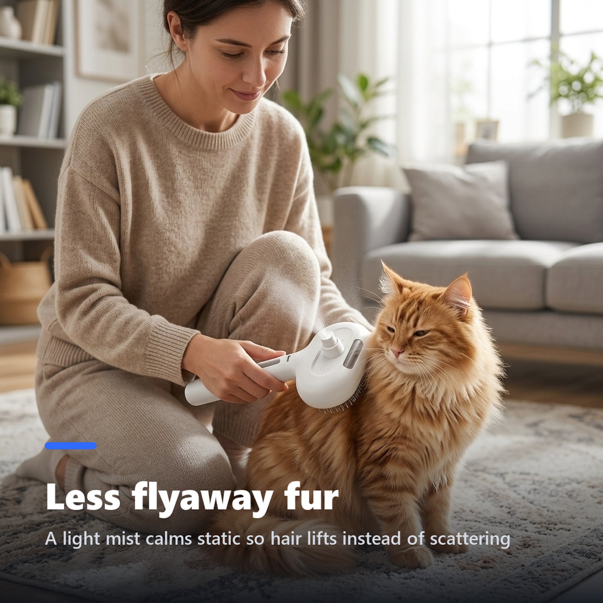 Woman grooming a long-haired ginger cat with a misting pet brush