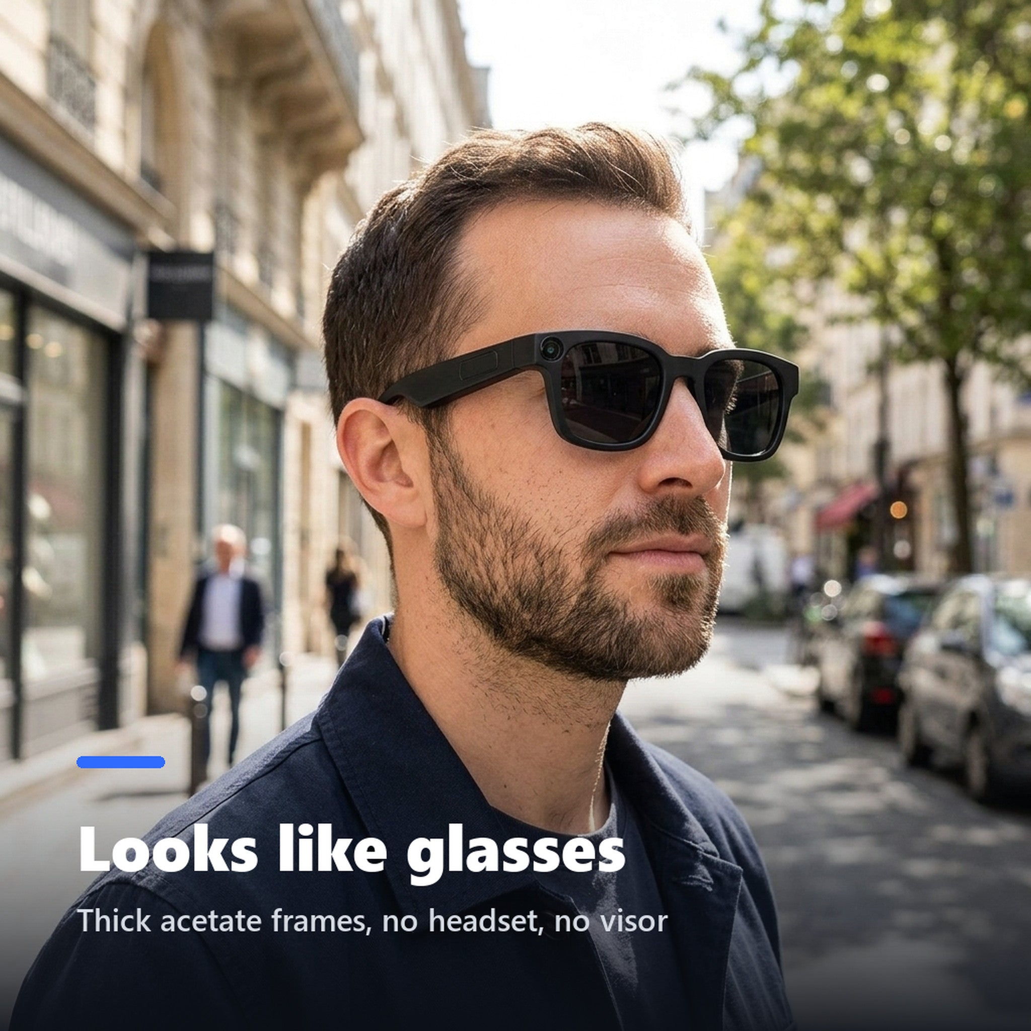 Man wearing black camera smart glasses with tinted lenses outdoors
