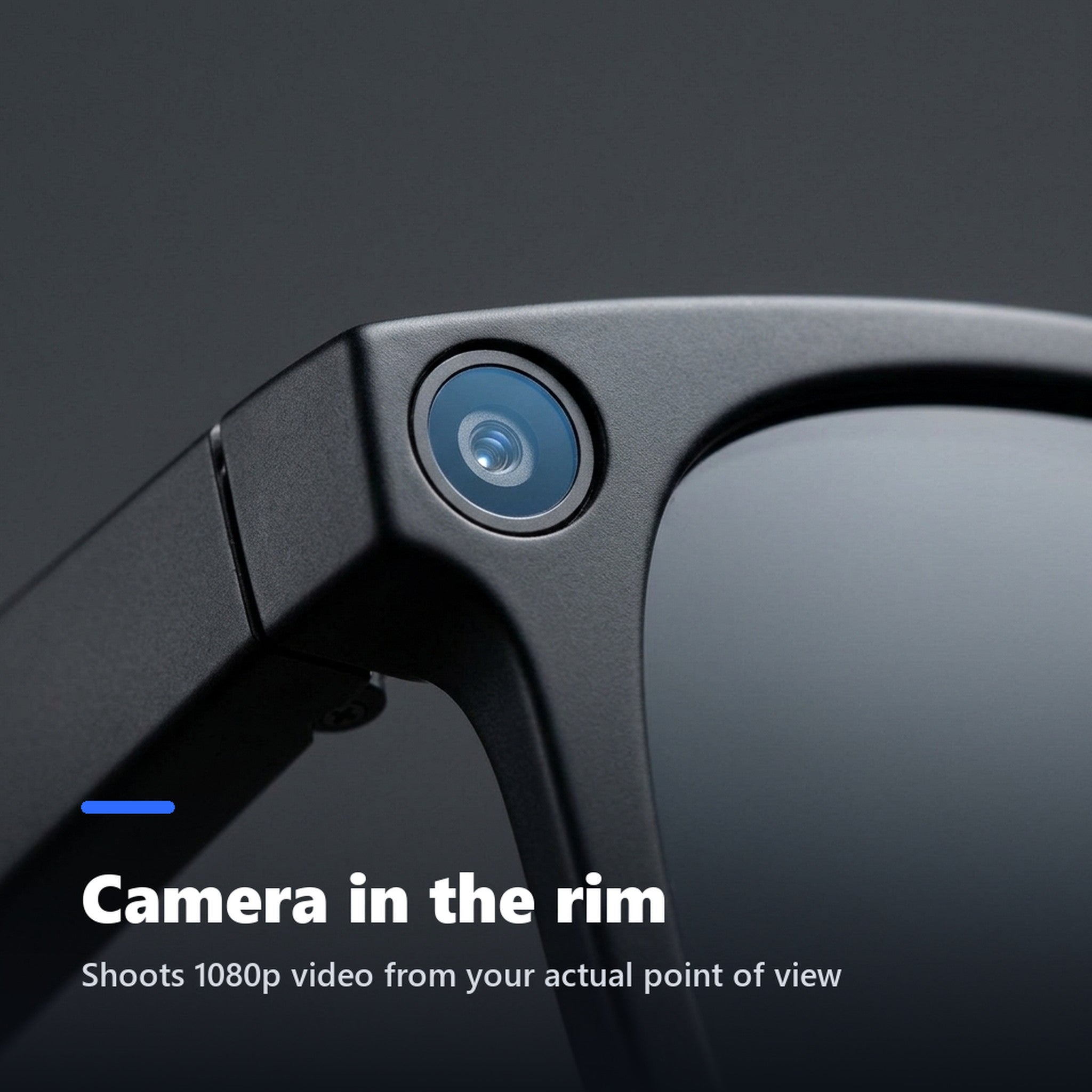 Close-up of the camera lens in the rim of smart glasses