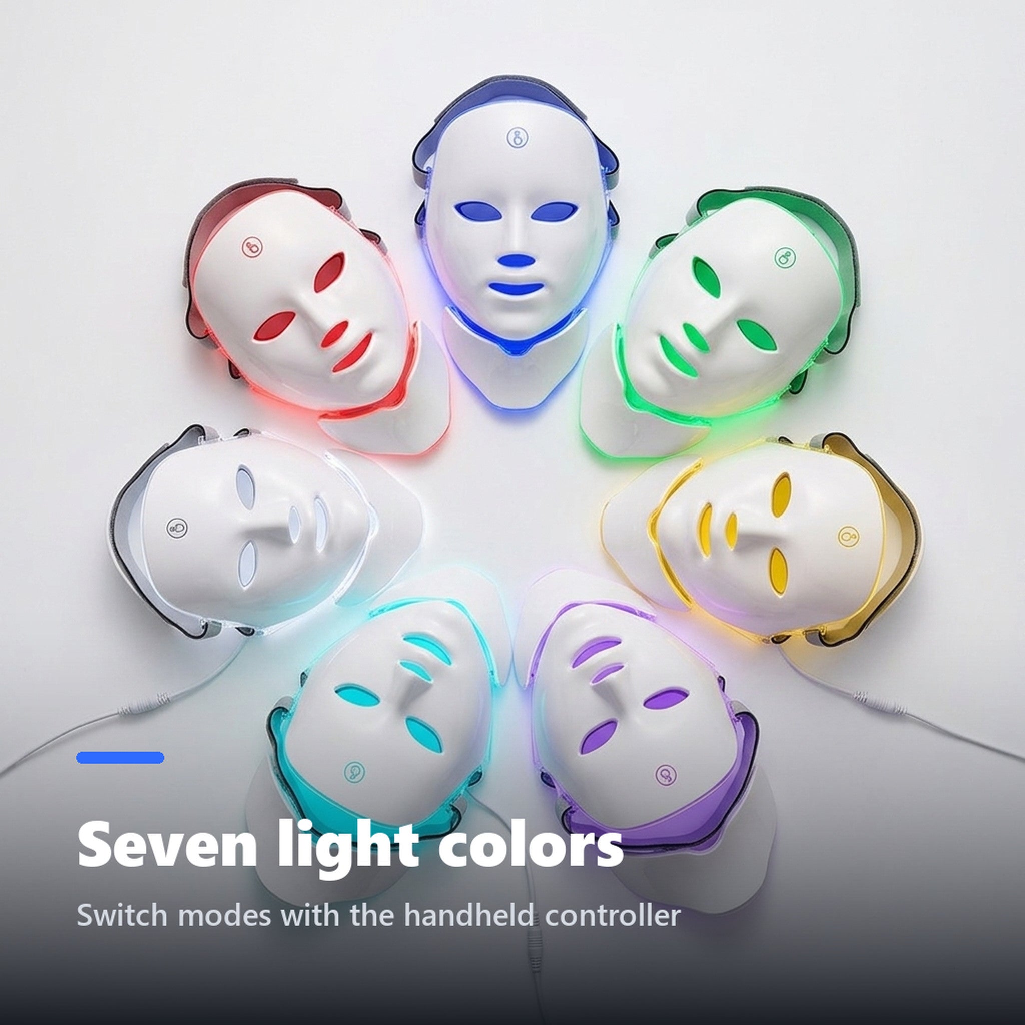 LED face mask shown in seven light therapy colours