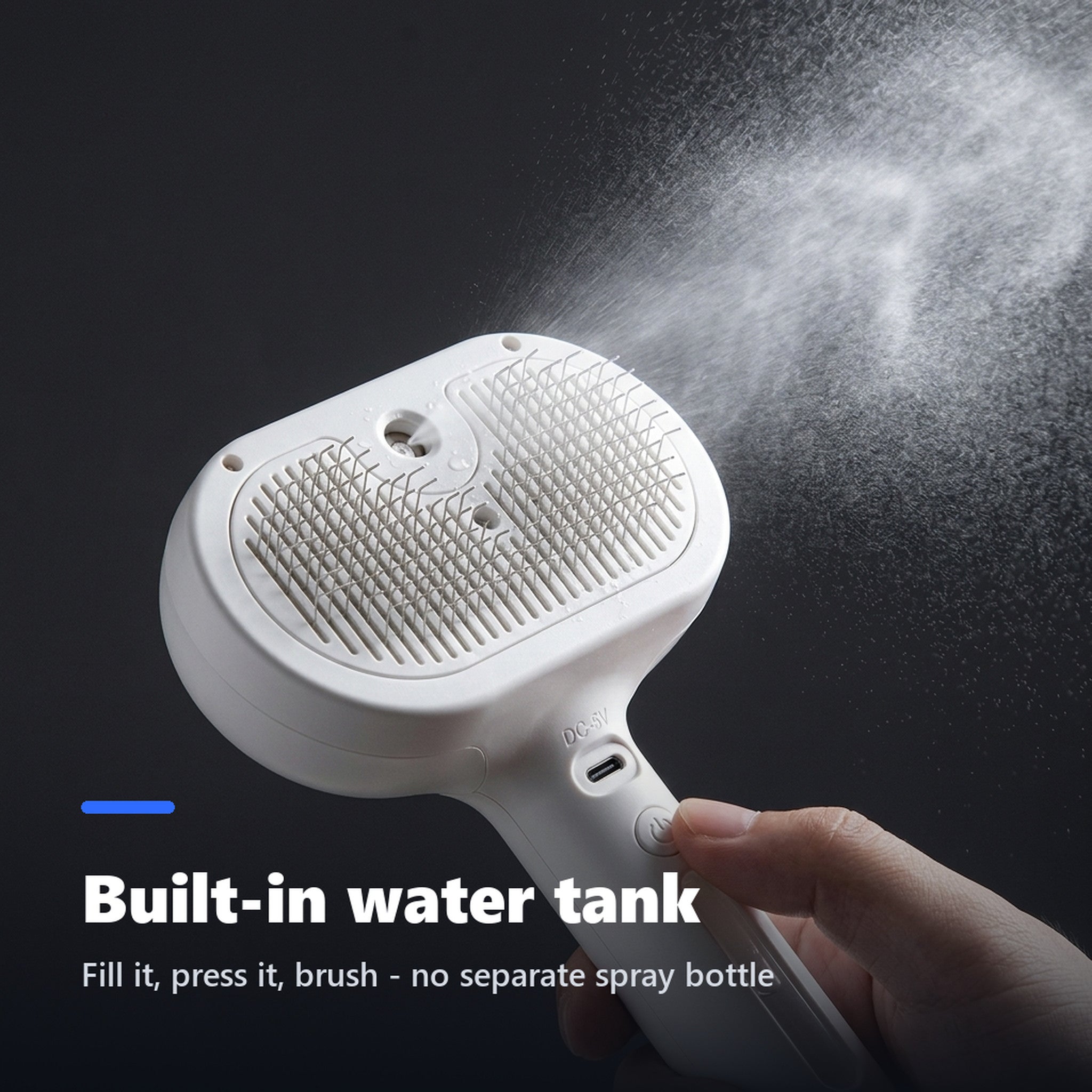 Pet grooming brush releasing a fine water mist