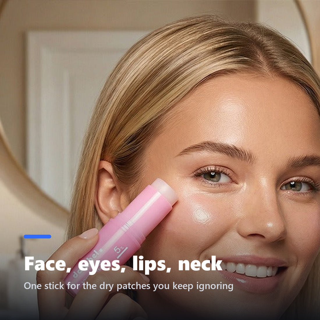 Woman applying PDRN collagen balm stick to her cheek