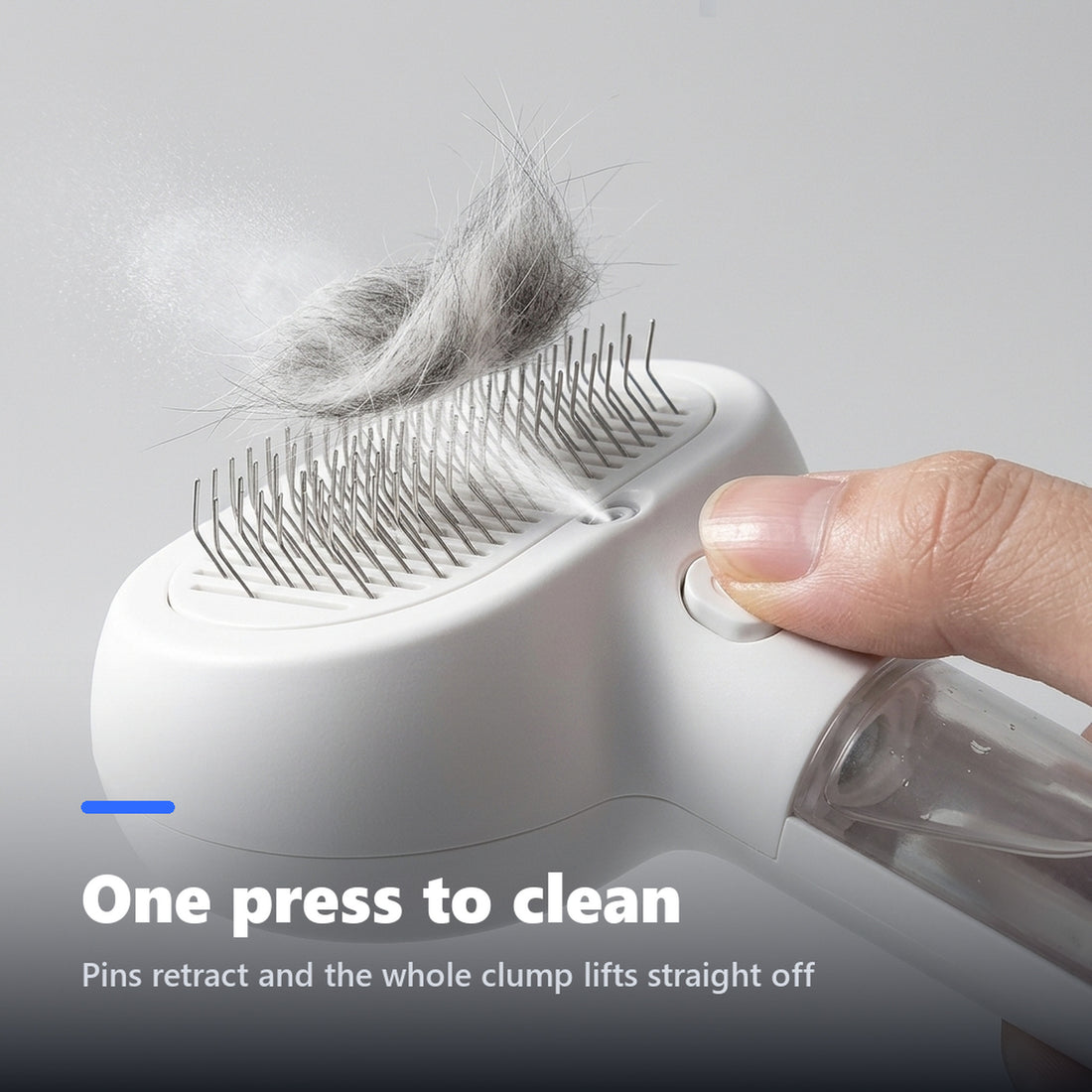 Pet hair lifting off the retracted pins of a self-cleaning brush