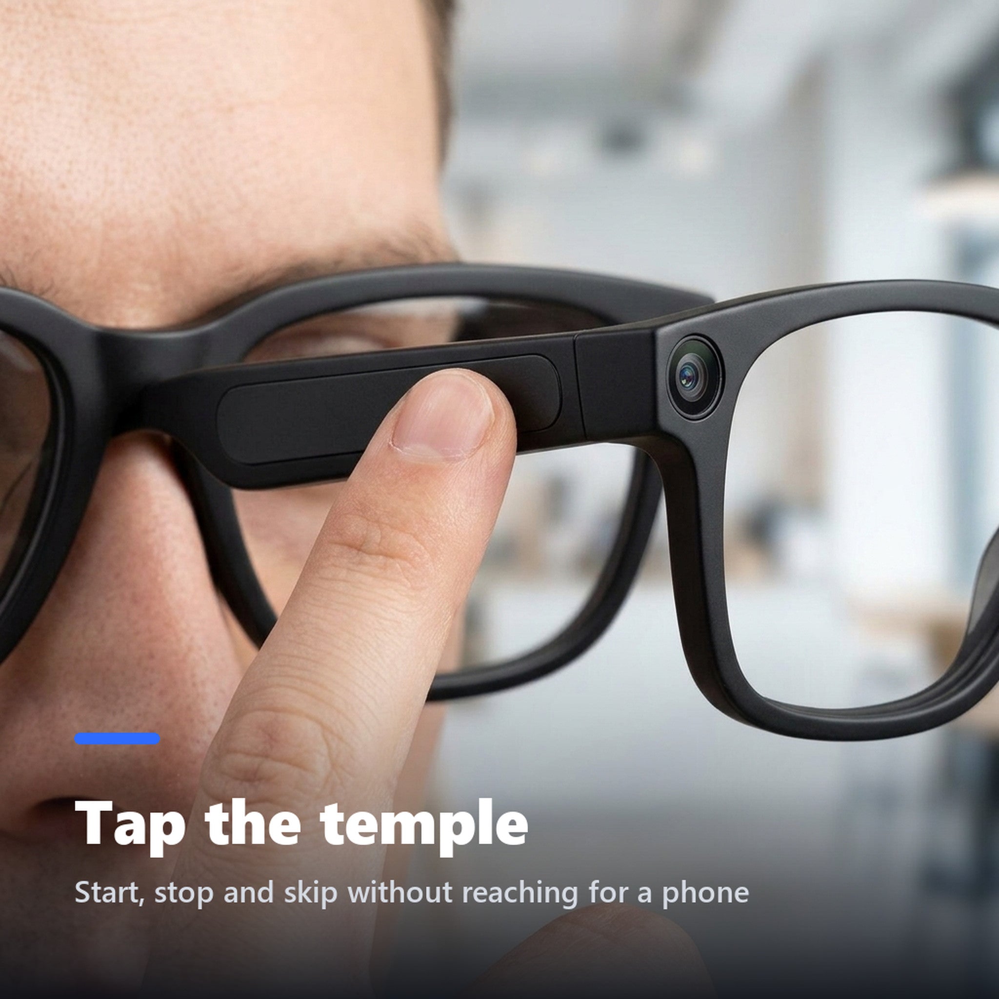 Finger tapping the touch control on the temple of smart glasses