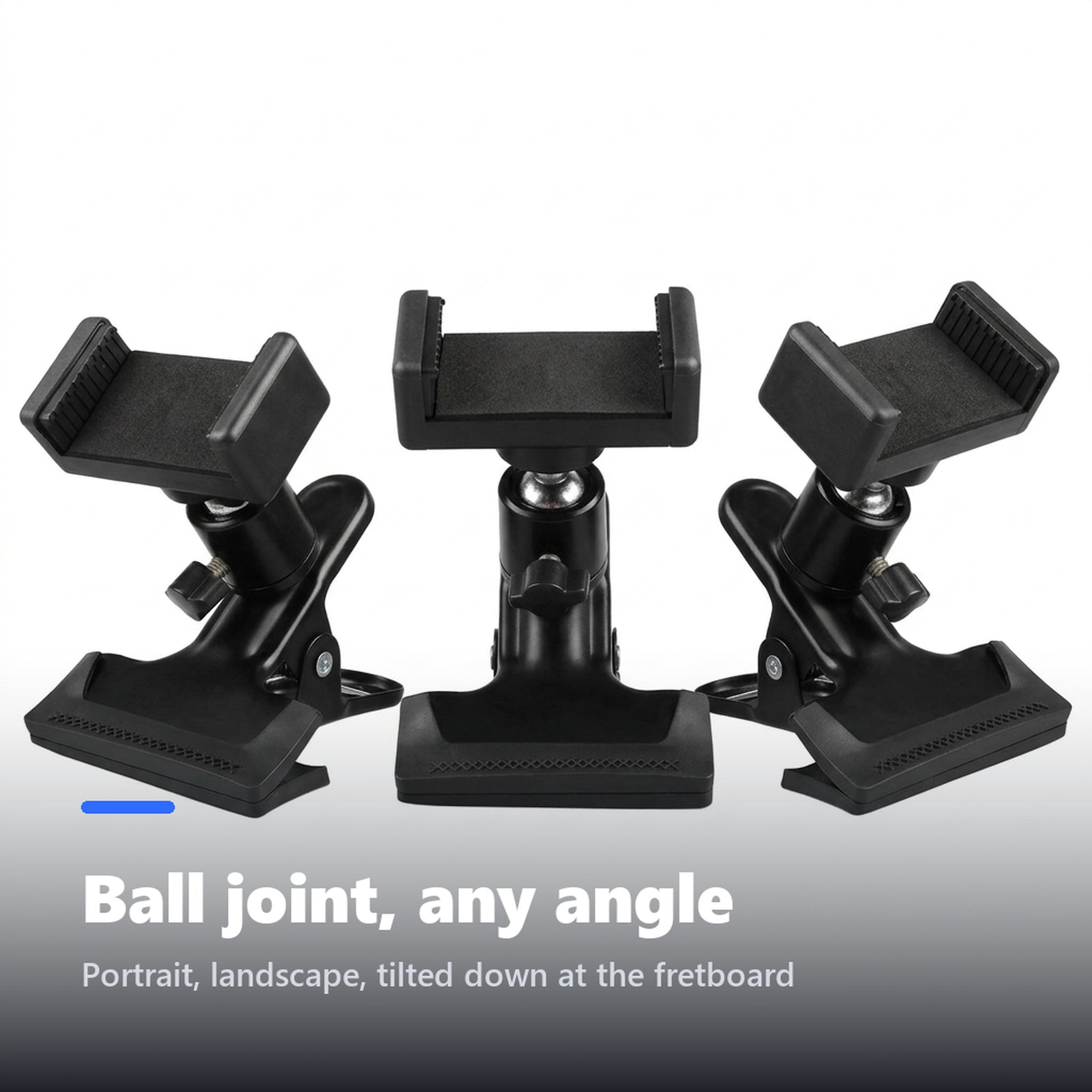 Guitar phone mount shown at three ball joint angles