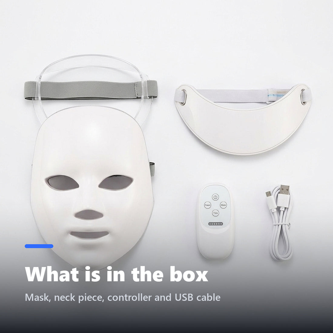 LED face mask kit with neck piece, controller and USB cable